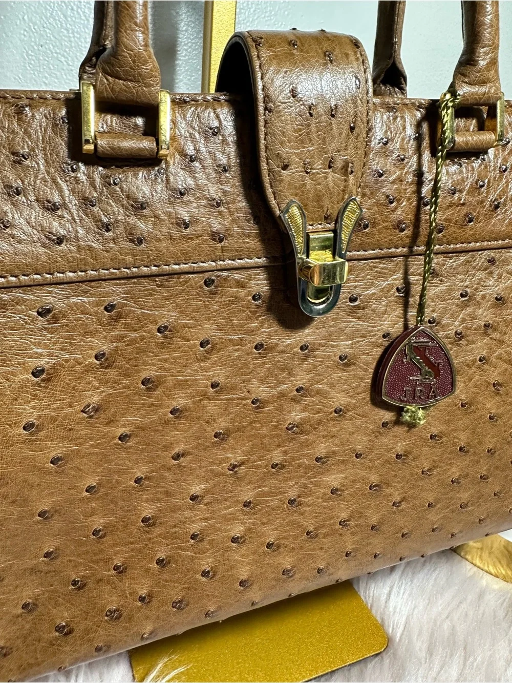 Brown Ostrich-Texture Satchel with Top Handles